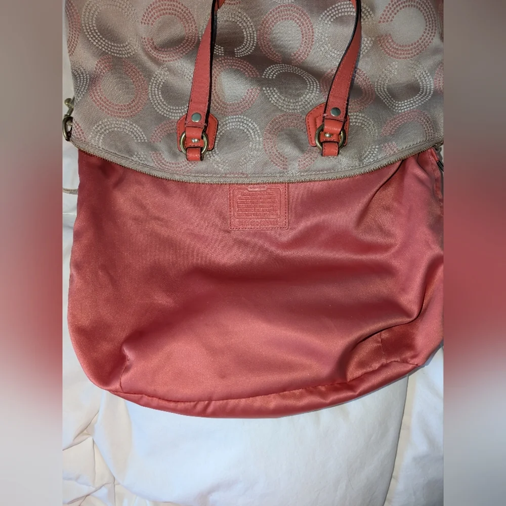Coach Ashley Dotted Op Art Beige & Coral Satchel Detachable Shoulder Strap